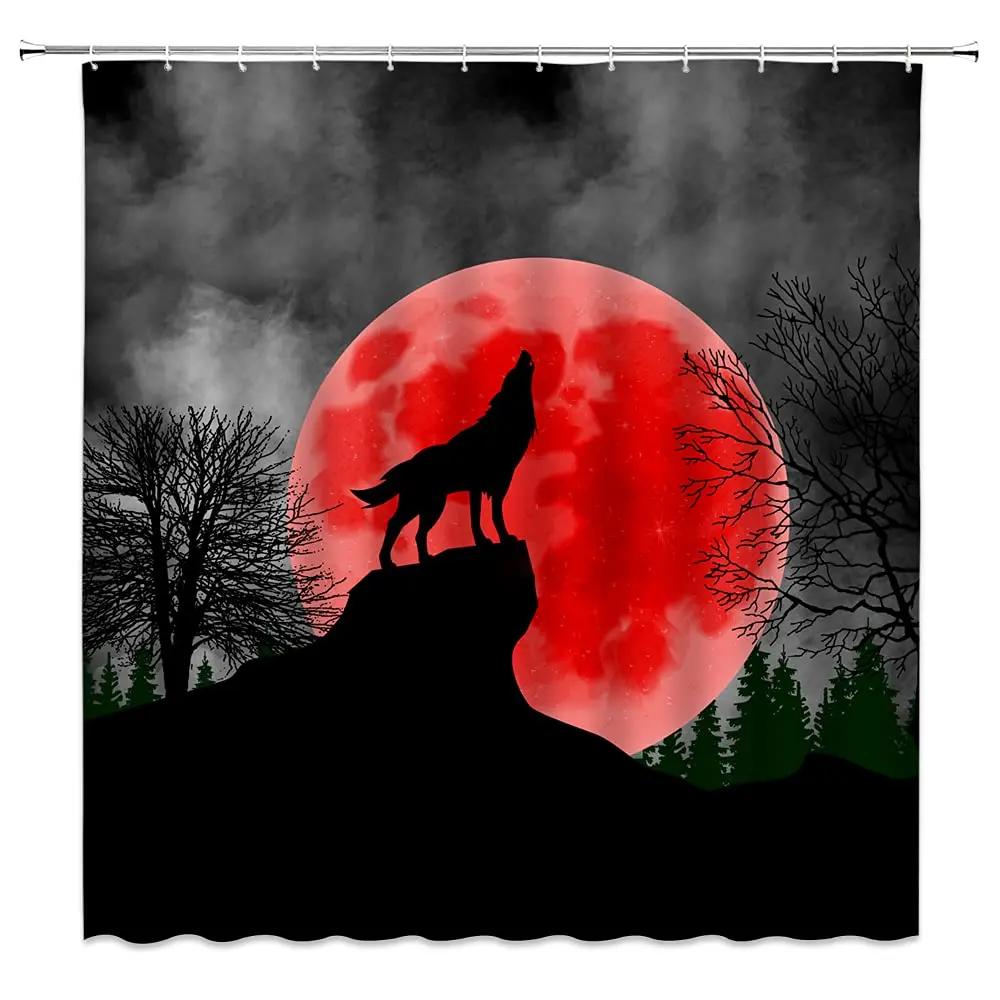 Wolf Silhouette Shower Curtain Black White Howling Thunderstorm Animal Moon Light Mystic Decor Bathroom Set Waterproof With Hook