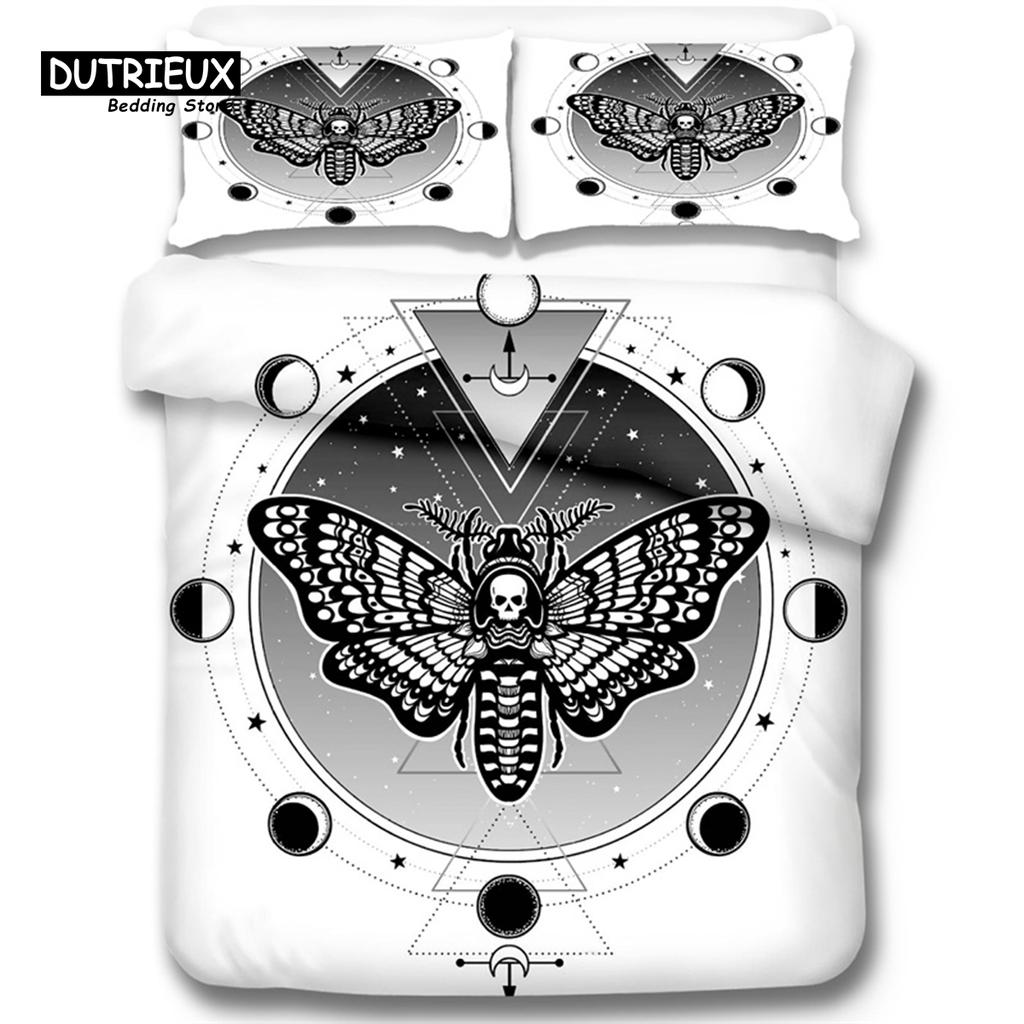 Gothic Skull Bedding Set Death Moth Flowers Print Duvet Cover Skeleton Bones Butterfly Pillowcases