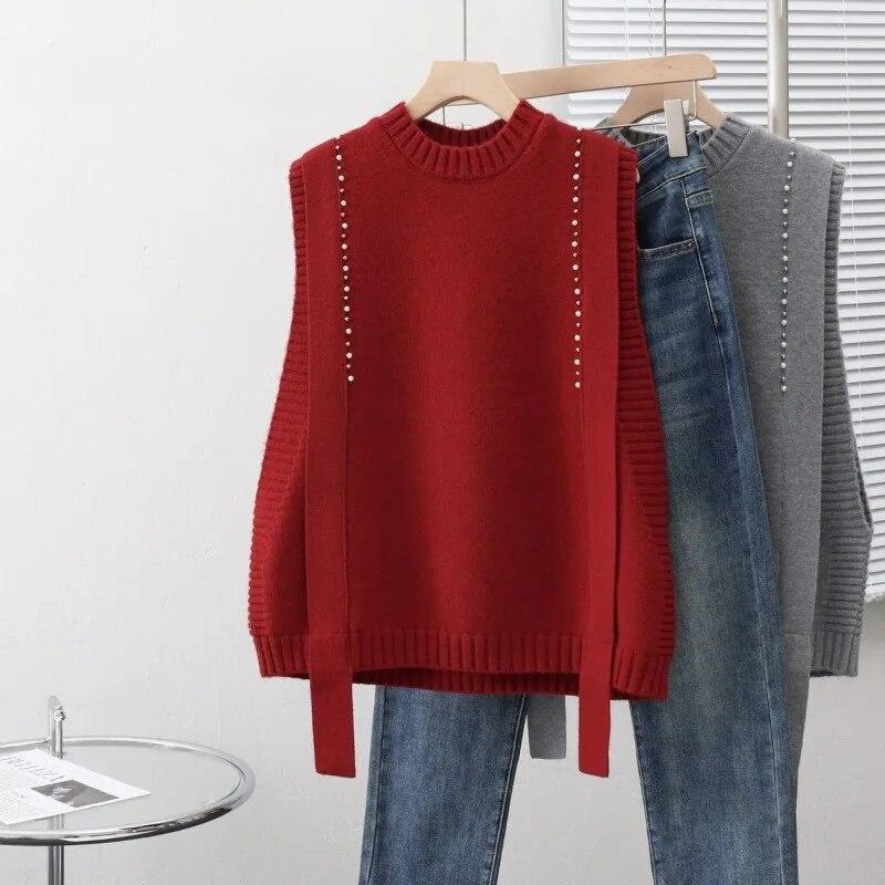 Vest Female O Neck Design Sense Knitted Tank Top for Women Korean Edition Foreign Loose and Versatile Sweater Vest Female