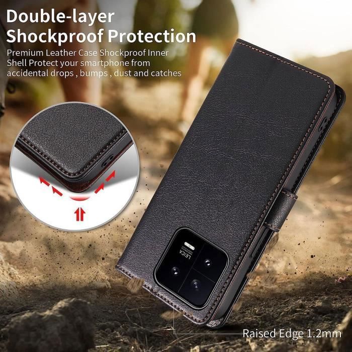 Protective Case - E.F.CONNECTION - for Xiaomi 13 Pro - Leather Effect - Tempered - Black - 2 Tempered Glasses
