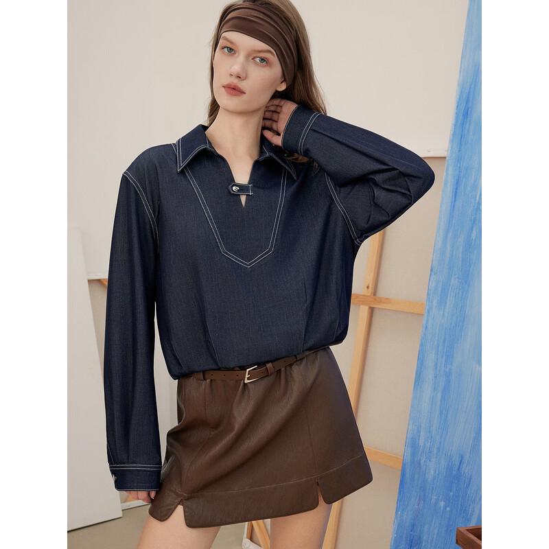 ELLE Women's French Retro Pleated Denim Shirt