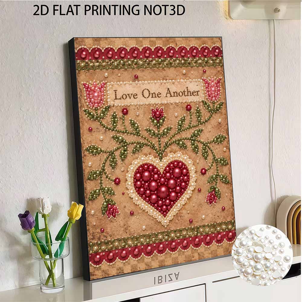 Love One Another Floral Heart 5D Pearl Painting Kit with Frame DIY Sparkling Bead Canvas Art Relaxing Craft for Girls Room Decor
