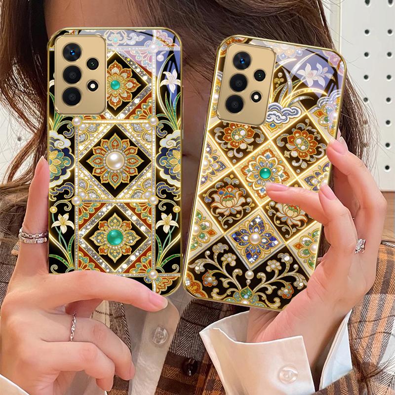 Golden Lily Flower Totem For Samsung A73 A72 A71 A42 A56 A55 A54 A53 A52s A52 A51 A36 A35 A34 A33 A32 Golden glass phone case
