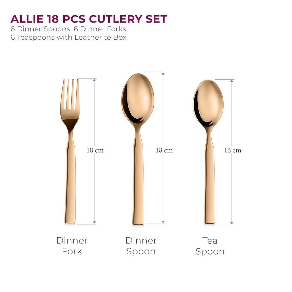 Allie 18-teiliges Besteckset aus Edelstahl in Roségold mit Kunstlederbox (6 Menülöffel, 6 Menügabeln, 6 Teelöffel)