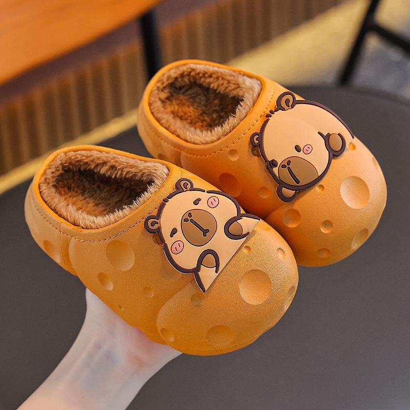 Autumn and Winter Children's Cotton Slippers for Both Boys and Girls, Warm and Plush Waterproof, Medium and Large Children's Bags with Cotton Heels