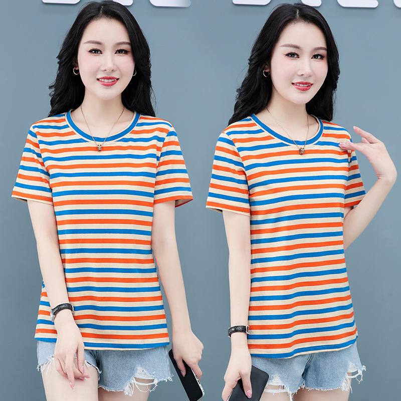 Women's Summer Round Neck Striped Cotton T-Shirt: Colorful, Casual, Loose, Age-Reducing, Slimming Design.