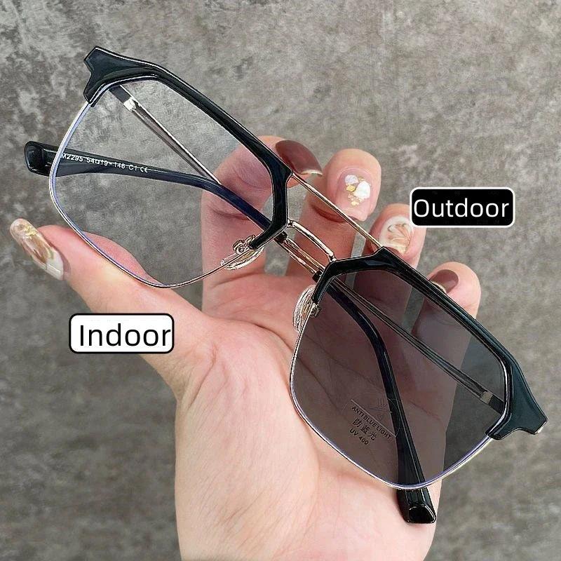 Retro Polygonal Full Frame Photochromic Near Sight Glasses Trendy Metal Double Beam Myopia Glasses Anti Blue Light Glasses