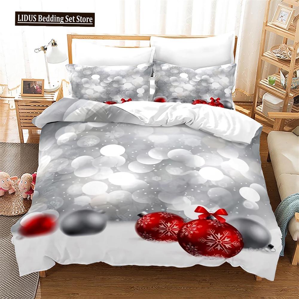 Christmas Duvet Cover Set King Size Snowflake Bells Pattern Festival Bedding Set Polyester Comforter Cover For Kids Boys Girls