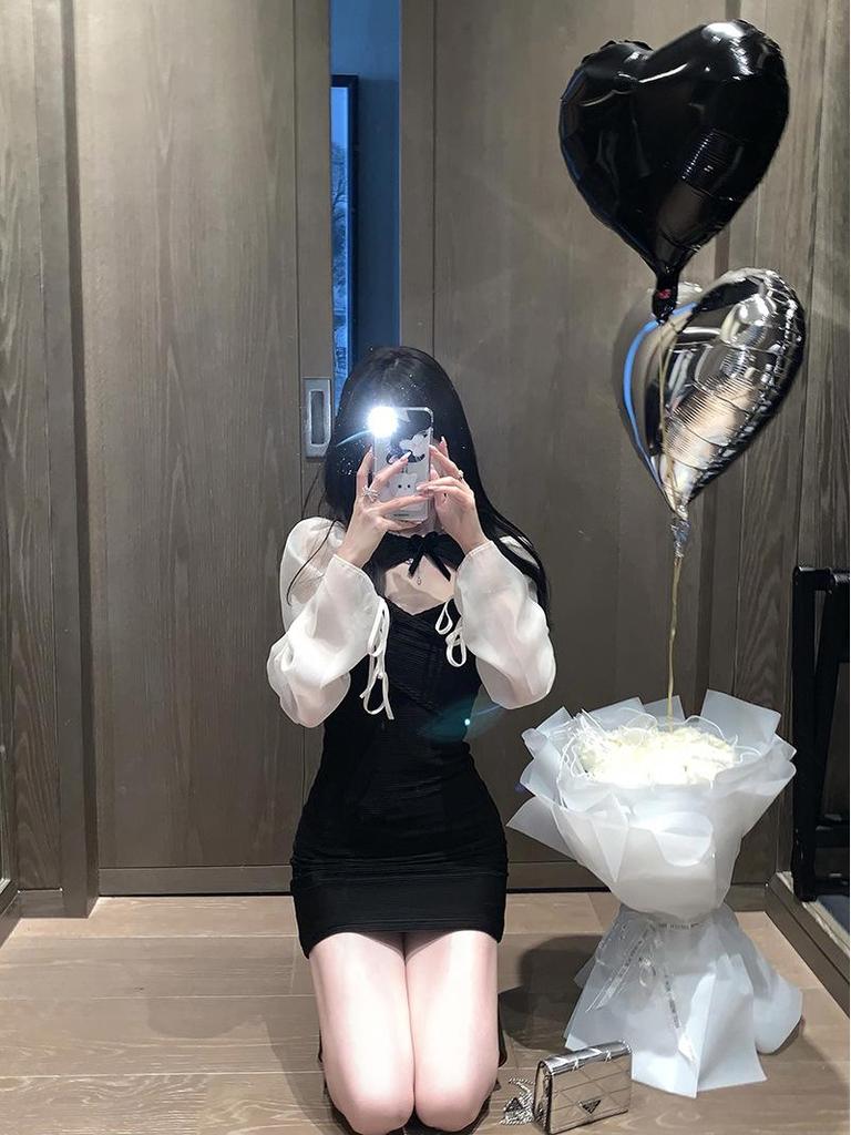 Women's Spicy Lace-up Puff Sleeve Patchwork Dress - Spring/Autumn Slim Fit Short Skirt