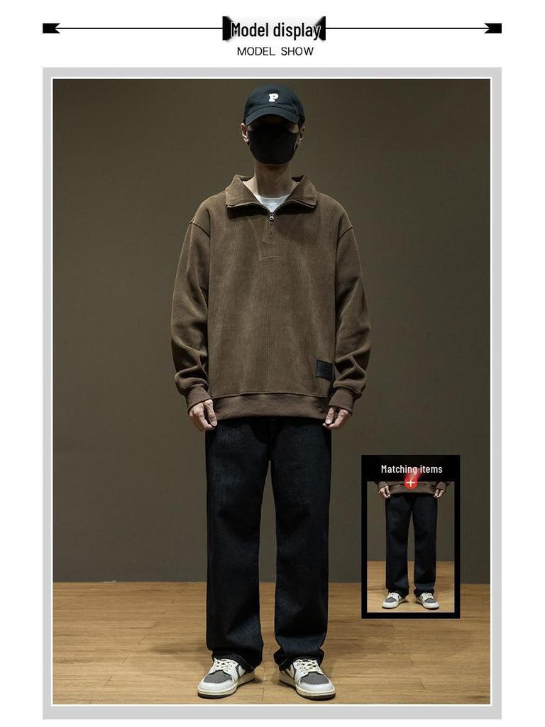 Men's Corduroy Half-High Collar Zipper Hoodie - Warm, Loose, Casual, Plus Velvet, Trendy Autumn/Winter Outerwear Sports Top