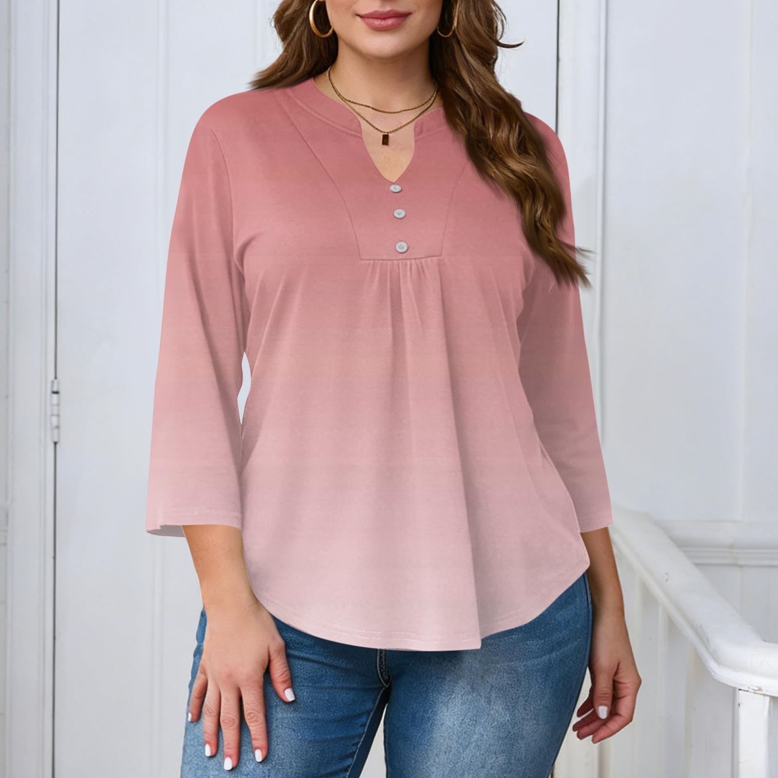 

Womens Plus Size V Neck Three Quarter Sleeve Button Front Loose Fit Casual Tunic Top for Everyday Wear L