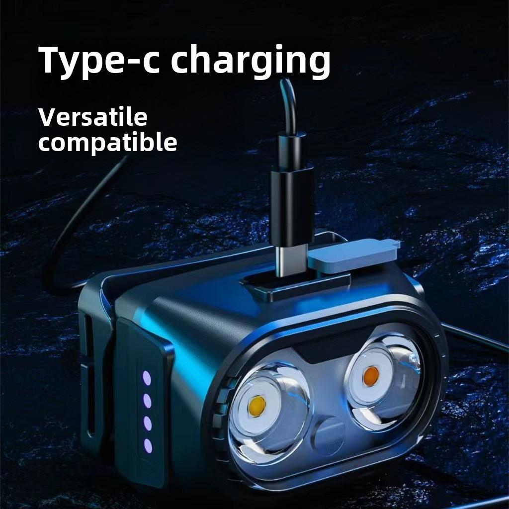 Dual light source led strong light super long battery life night fishing head-mounted typec rechargeable flashlight