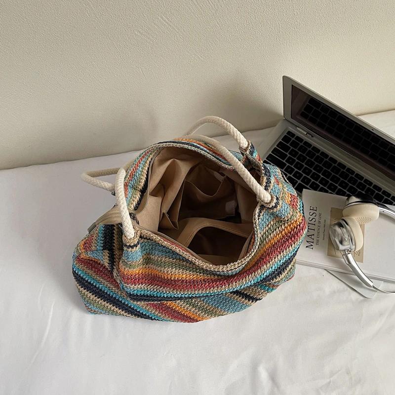 Summer Straw Woven Large Capacity Shoulder Bags  Sale Beach Commuting Sweet Handbag 2026  Colorful Stripes Ladies Bags