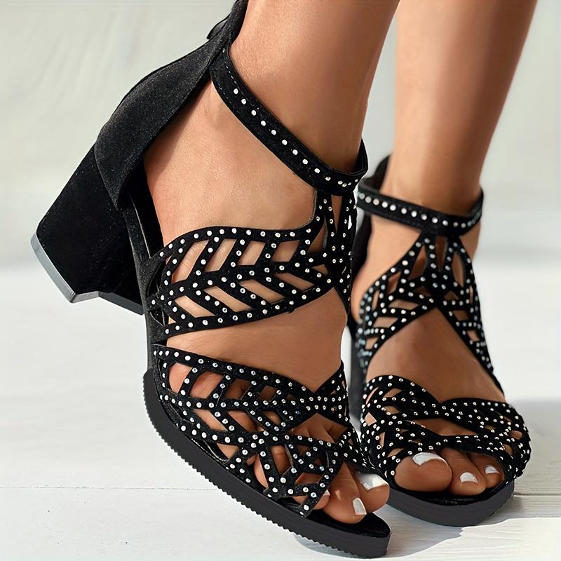 Women's Boho Hollow Out Block Heels, Peep Toe Back Zipper Low Heel Sandals, Fashion Dress Heels
