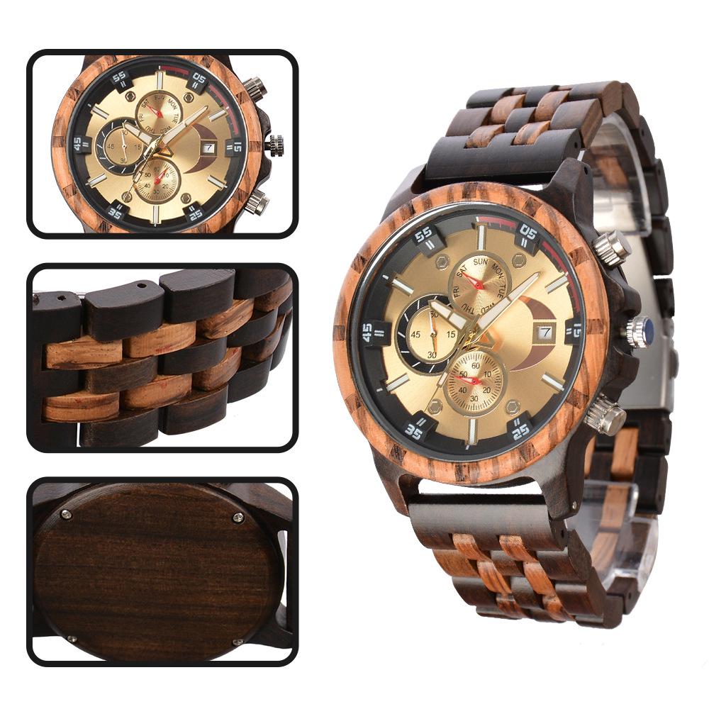 Men's Quartz Wooden Watch with Luminous Multifunctional Large Dial