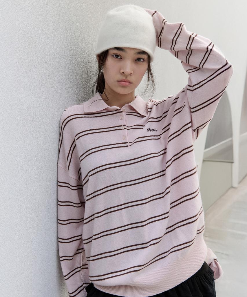 ROLAROLA Loose Fit Collar Stripe Knit Pink