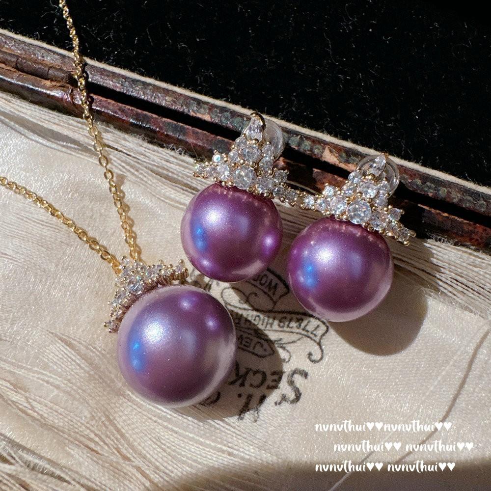 Edison, Crown Jewel Grape Purple Pearl Necklace, Tahiti, Deep Sea Bead Queen Earring Set