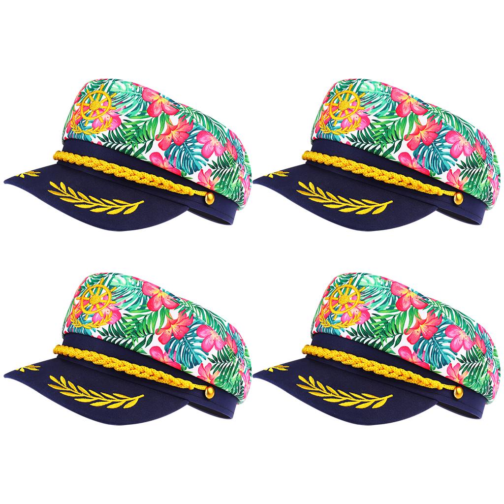 4 шт. Гавайські Квіткові Капітанські Капелюхи - Регульовані Капелюхи Яхтового Моряка Для Хелловіну, Катання на Човні, Морських Подій та Вечірок - Темно-синій Вишитий Костюм