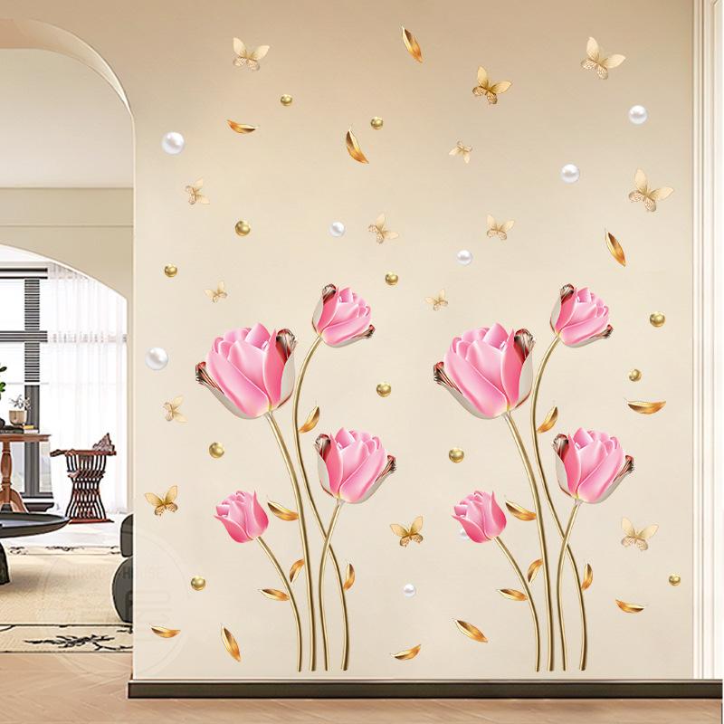 Creative Chinese Style Tulip Wall Sticker Self Adhesive Elegant Simulated Flower Decal for Bedroom Bedside TV Background Wall Decor