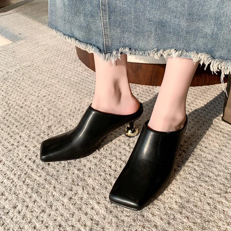 6.5cm High Heels Elegant Women Slides Square Toe Shallow Summer Dress Slides Sexy Metal Strange Style Heels Shoes
