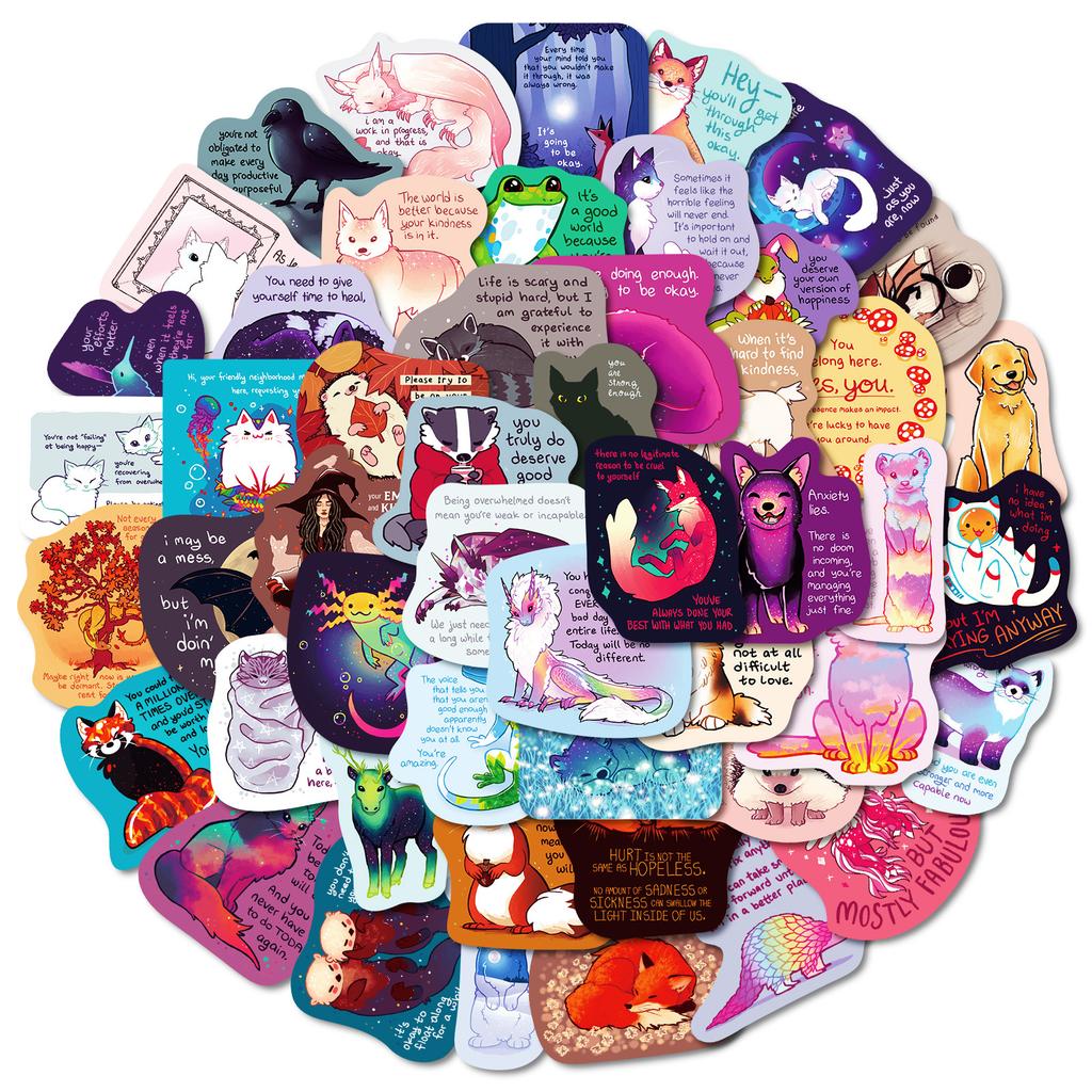50 Cartoon Healing Text Stickers Cute Animals Colorful Daily Stickers Handbook Diary Decorative Stickers