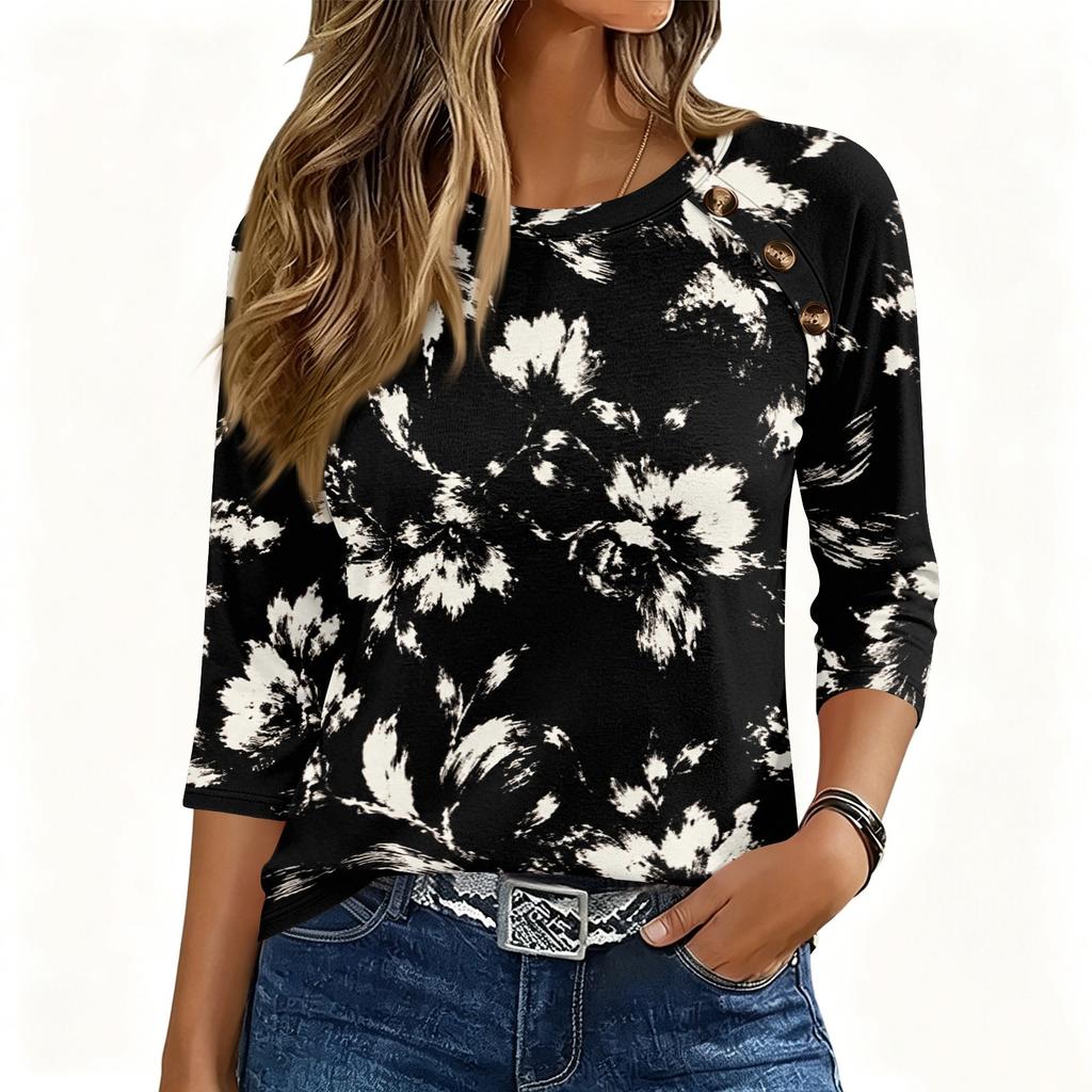 Damen 3/4 Ärmel Rundhals Knopfleiste Blumenmuster Oberteil Weicher Stoff Lässiger Lockerer Sitz T-Shirt für den Alltag