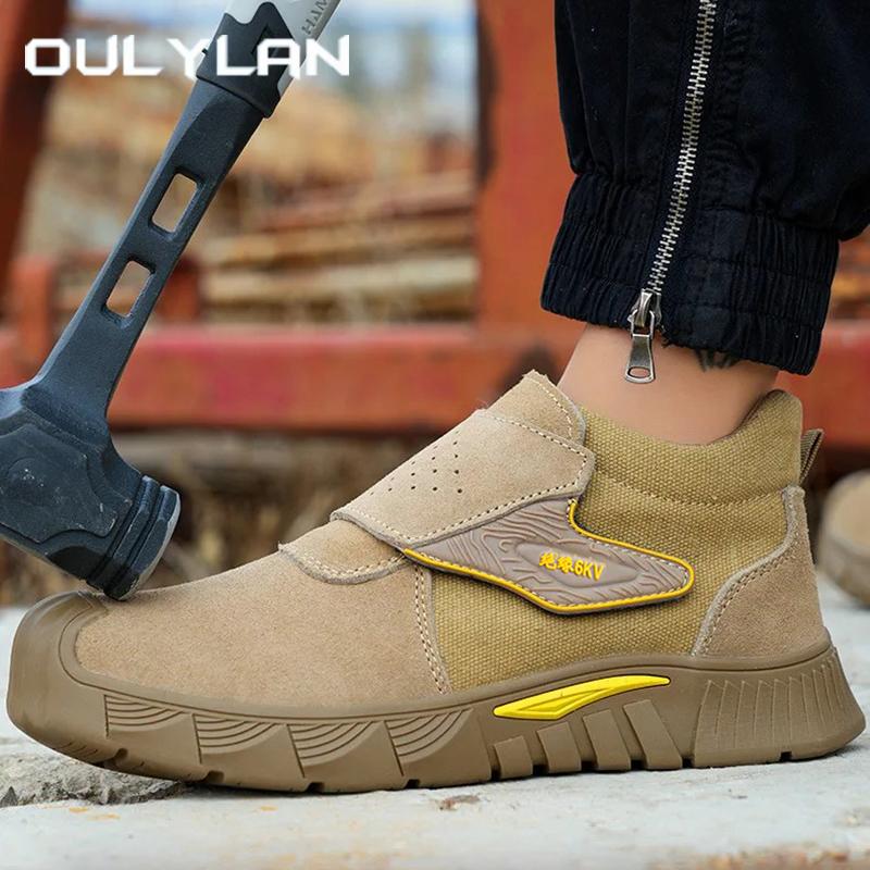 Oulylan Wear-resistant Insulated Work Shoes Male Lightweight Cowhide Protection Boots Anti Smashing Safety Shoes for Men