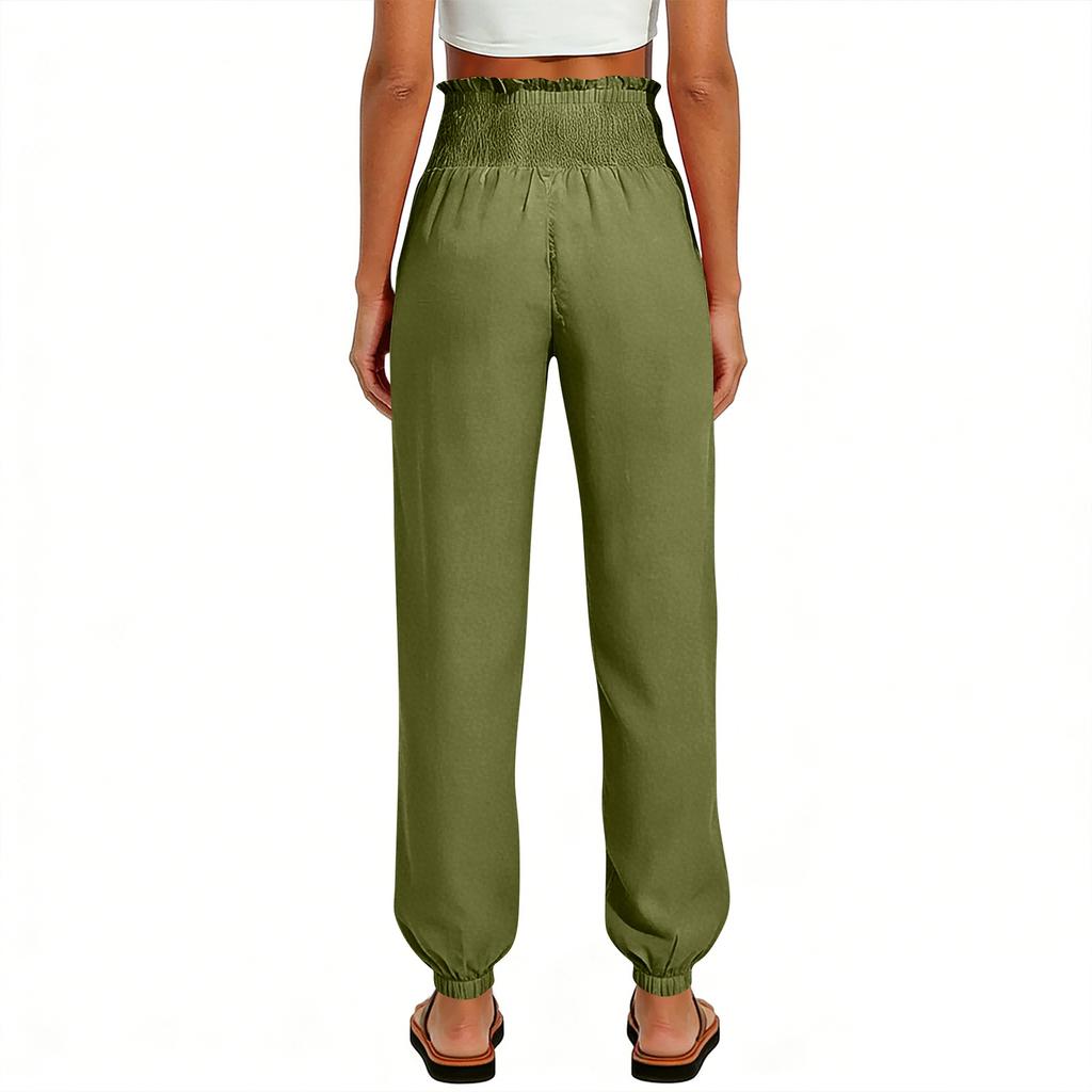 Women's Fashion Color Elastic Waist Pocket Loose Leg Tight Casual Pants