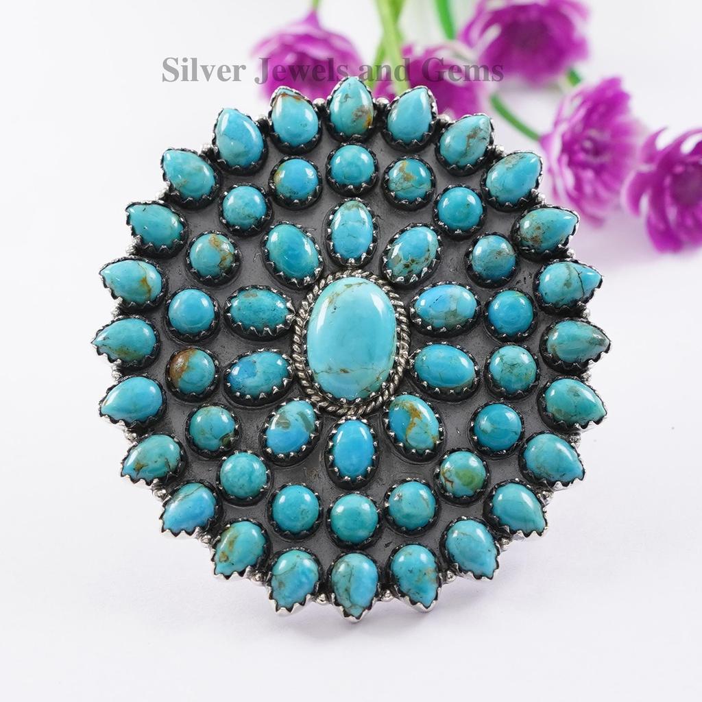 Arizona Turquoise Cluster Ring, Big Statement Turquoise Ring, 925 Sterling Silver Ring, Wedding Ring, Multi Stone Handmade Ring