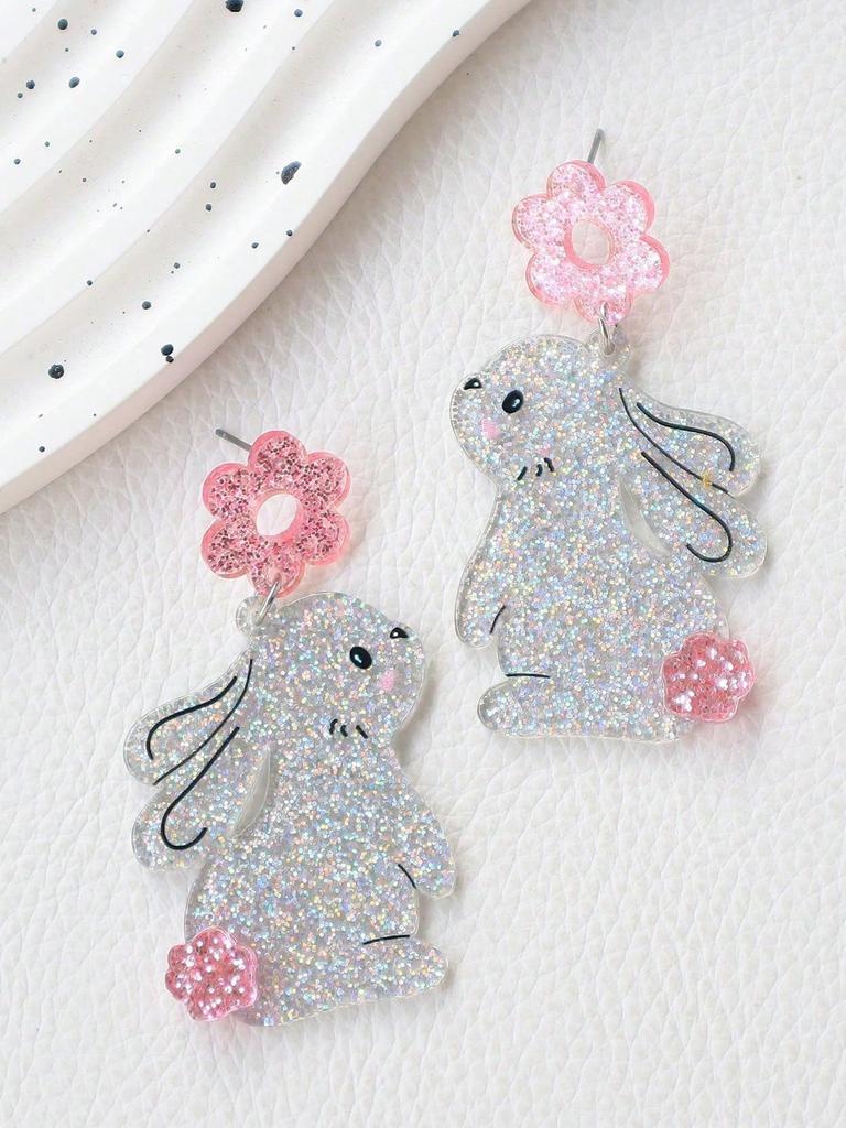1 Pair Easter Bunny Earrings, Cute Animal Bling Bling Flower Funny Earrings