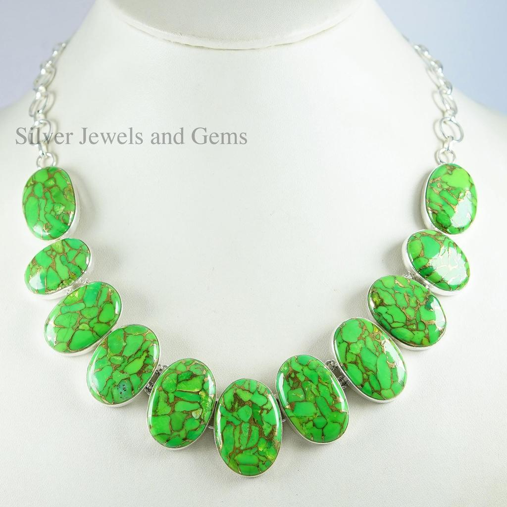 Green Copper Turquoise Necklace , Multi Stone Cluster Necklace, 925 Sterling Silver Necklace, Designer Necklace, Wedding Necklace