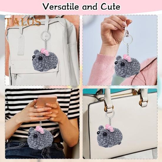 Sad Hamster Plush Keychain Sound Handmade Crochet Doll Keyring with Bow Emotional Charm Hanging Ornament Wallet Backpack Car Keys Accessory