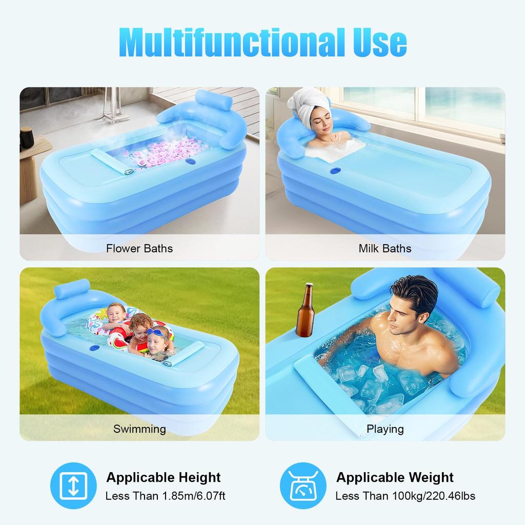 62'' Large Inflatable Bathtub for Adults Portable PVC Hot Tub SPA with Ergonomic Backrest & Drain Plug Foldable Design for Indoor Outdoor