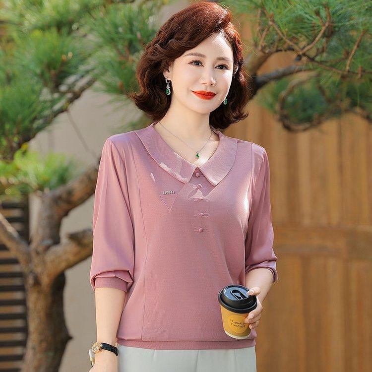 2025 Spring & Autumn Elegant Long Sleeve Lapel T-Shirt for Middle-Aged and Elderly Women - Tummy Covering Base Layer