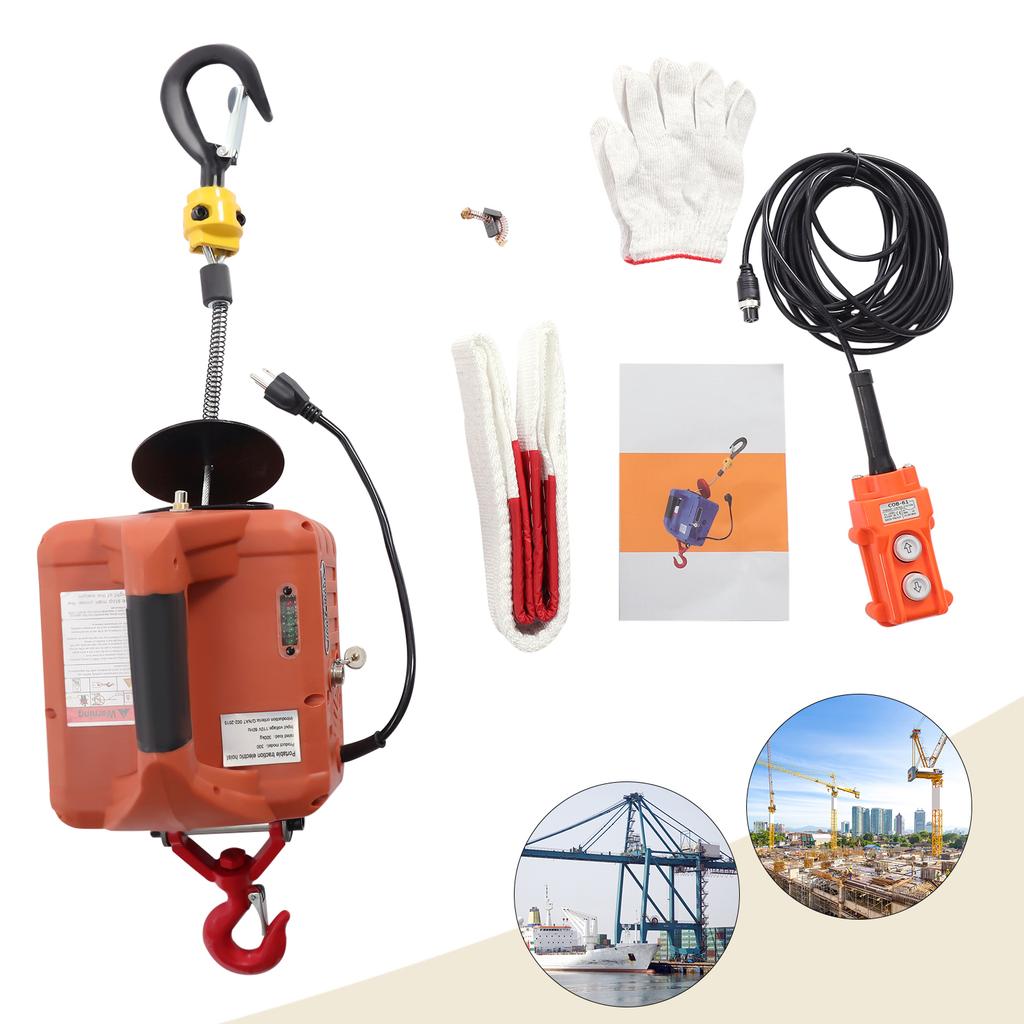 1100 lbs Orange Electric Hoist Winch 110 Volt Wire Control 16 ft/min Manganese Steel 8 m/ 26.25 ft Cable Remote Control