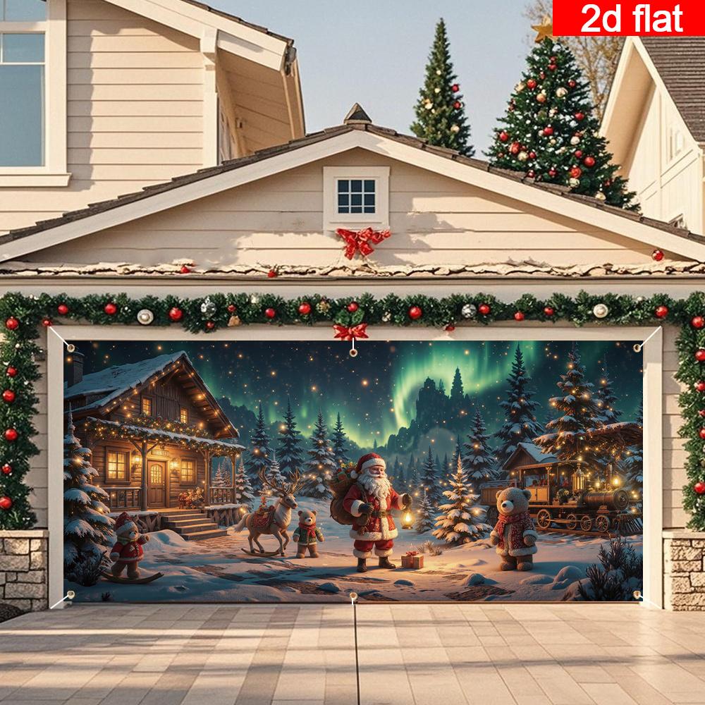 2D Türflagge 2D flach 1 Stück Weihnachten Garagentorbanner - Gemütliche Hütte Weihnachtsmann mit Geschenken Heimdekoration
