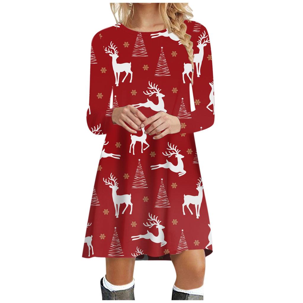 Women's  And Winter Round Neck Long Sleeve Christmas Print Dress