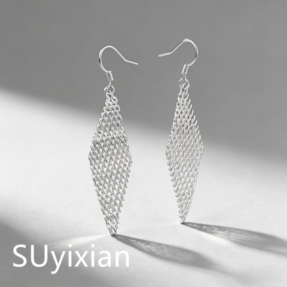 925 Sterling Silver Stylish Simple Rhombus Woven Earrings Birthday Party Anniversary Gift серебряный