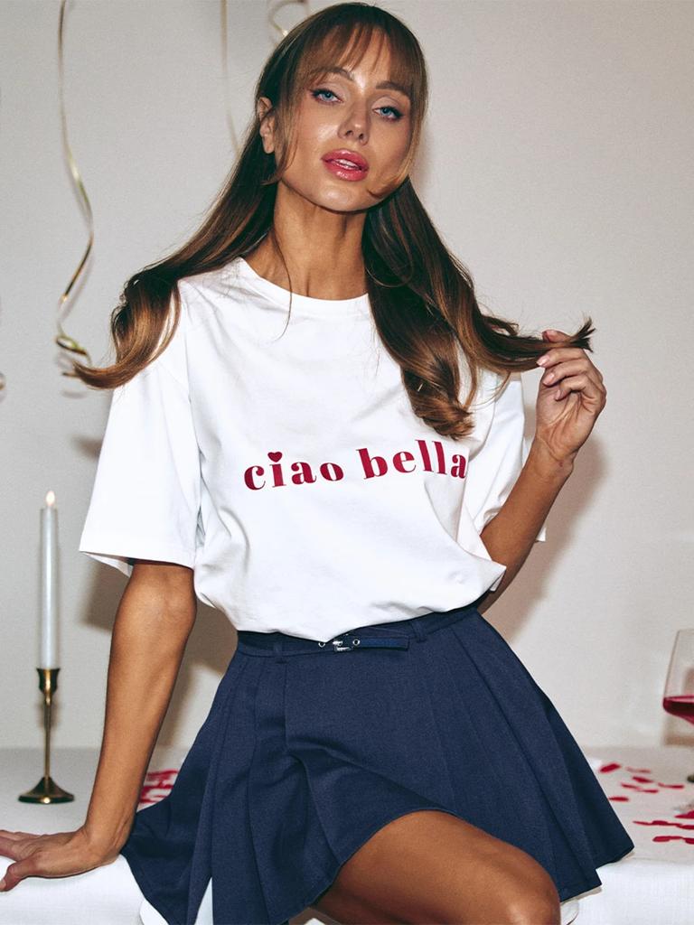 White TShirt with Ciao Bella Womens Harajuku Short Sleeve Casual Womens Tshirt Clothing Street Tops Tees Aesthetic Casual