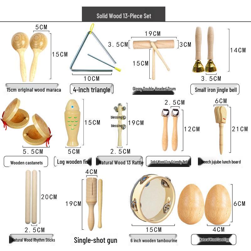 Children's Orff Percussion Instruments: Triangle, Castanets, Maracas, Tambourine, Wood Block, Cymbals