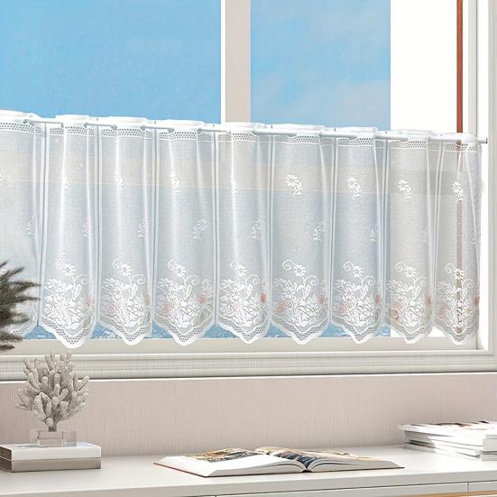 baizihuahu Lace Short Curtain, Half Windows French Style Hollow Gauze Sheer, Dustproof Curtain for Cabinets Bay