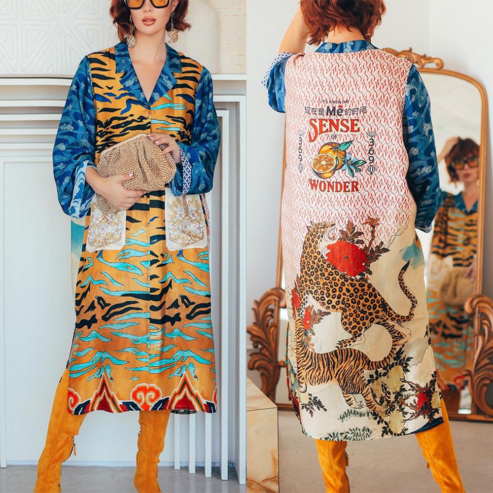 

Women s Printed Creative Lace-up Long Sleeve Cardigan Dress Pocket Women S