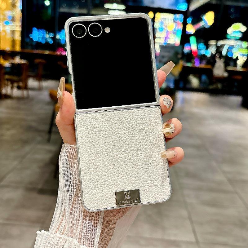 Silver Edge Lychee Pattern Samsung Z Flip7 Case, Drop-Proof, Anti-Scratch, Compatible with 5th/6th Gen