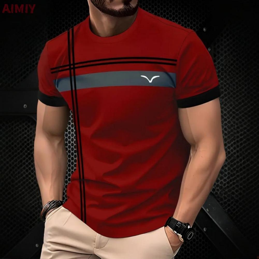 Herre oversized T-skjorte, sommer utendørs avslappet rund hals kortarmet topp, stripete trykket stil, løse herreklær