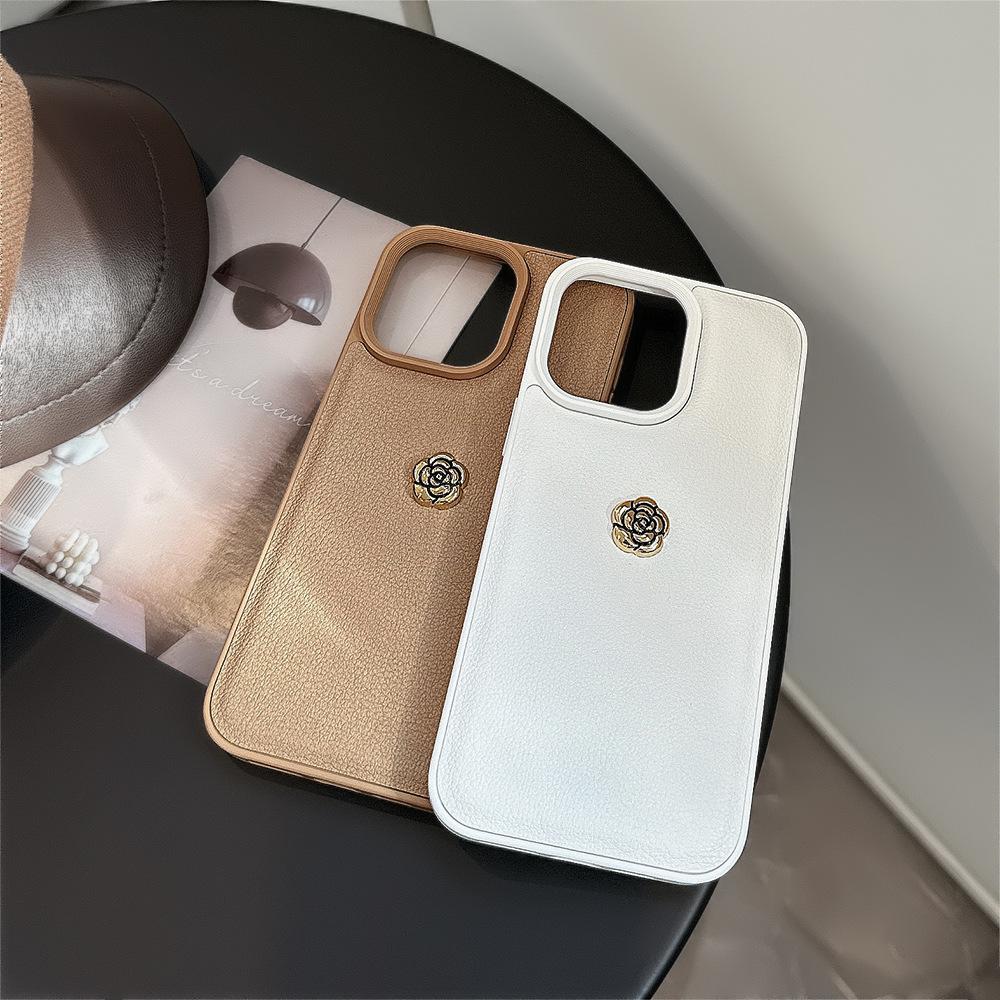 Light Luxury Camellia for Apple 16 Mobile Phone Case for IPhone17promax Solid Color Lychee Pattern 11 Autumn and Winter