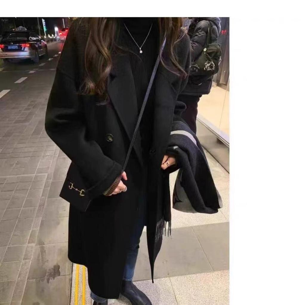 Women's Petite Mid-Length Thickened Black Wool Coat – Versatile, High-End Feel for Autumn & Winter
