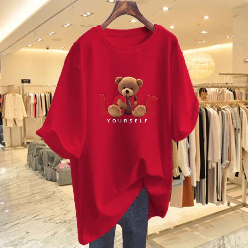 Women's Summer Bear Print Cotton T-Shirt - Korean Style, Loose Fit, Short Sleeve