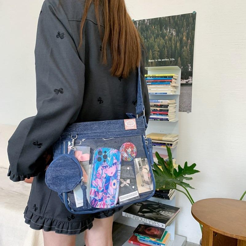 New Japanese niche pain bag sweet cool style two-dimensional denim middle school student transparent shoulder bag retro mailman bag