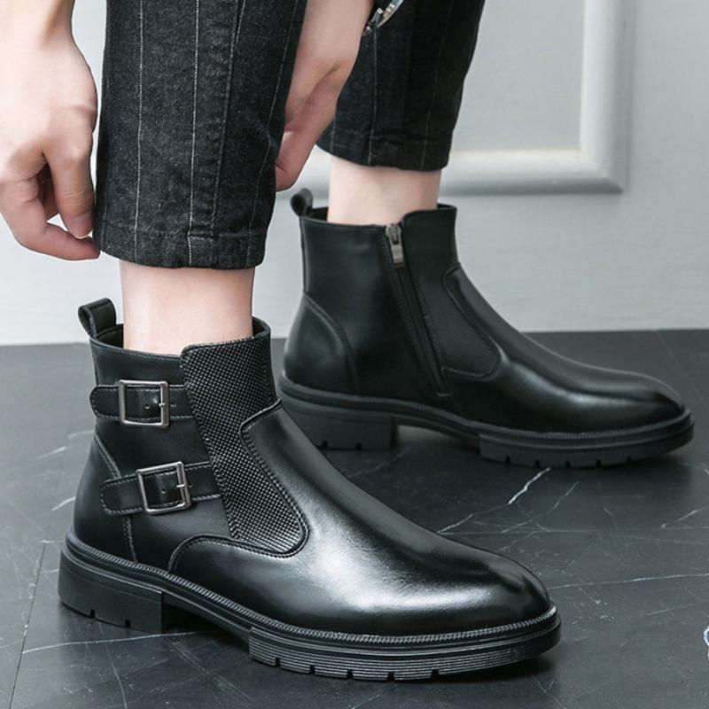 British Style Round Toe Leather Boots Men's Fashion Casual High Top Boots Buckle Slip-on Thick-soled Boots
