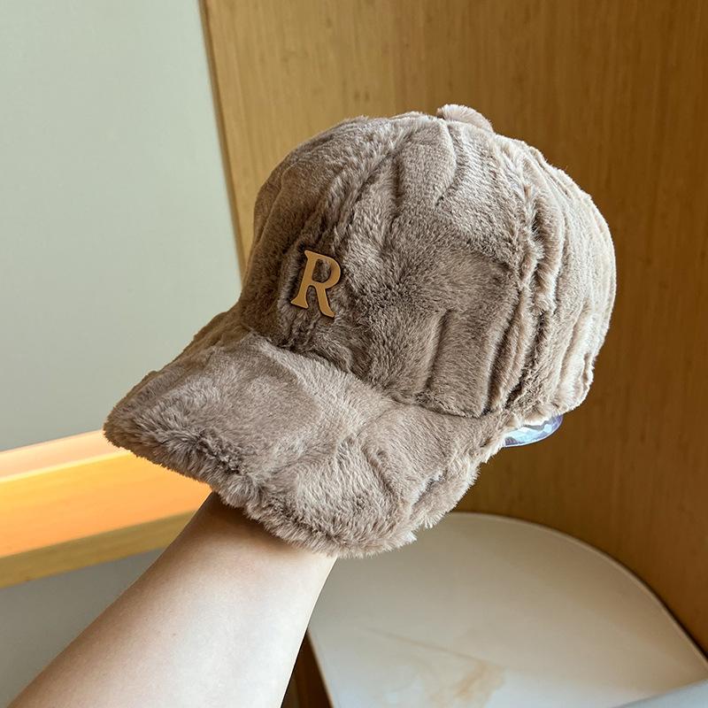 

Autumn and winter new rabbit fur plush hat women s thickened warm cap street versatile R letter baseball cap Adult (56-59cm) чорний